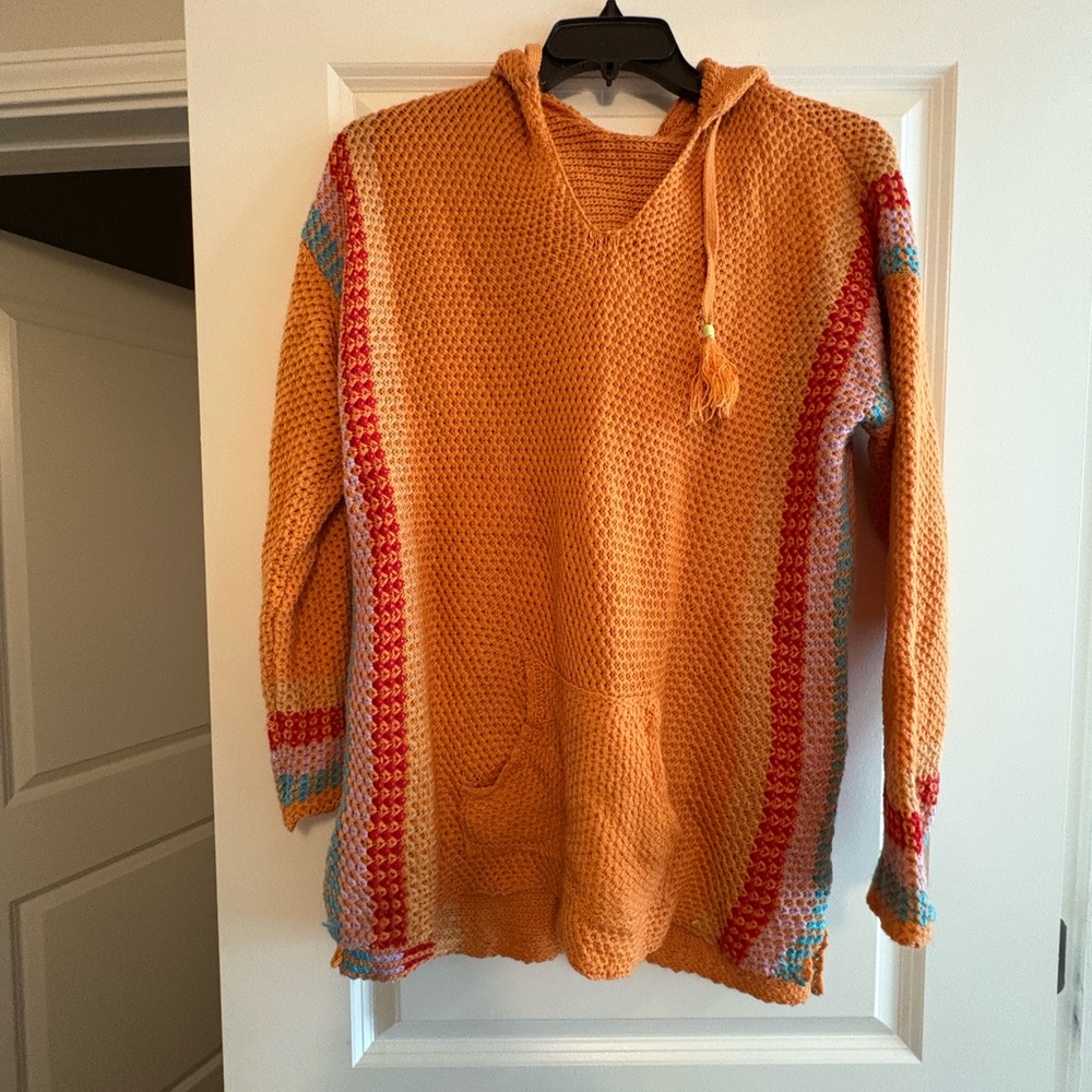 Orange Hooded Sweater with Red and Blue Accents